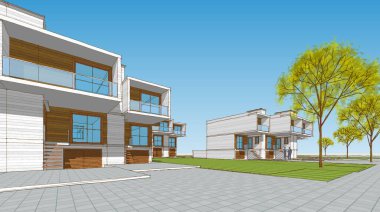 Kasaba mimarisi çizimi 3D illüstrasyon