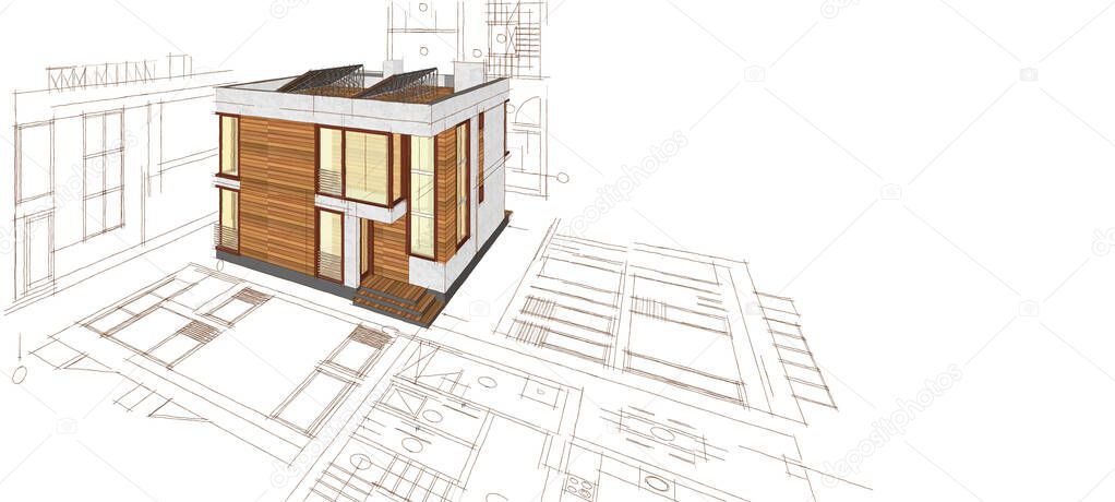 abstract architecture sketch 3d illustration