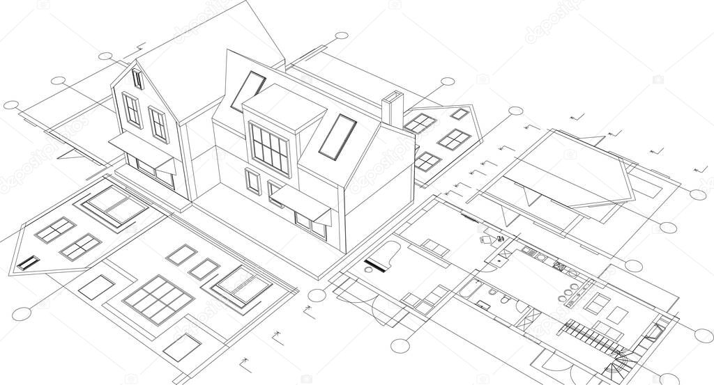 abstract architecture sketch 3d vector illustration