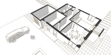 Modern ev mimari projesi çizimi 3D illüstrasyon