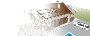 Modern ev mimari projesi çizimi 3D illüstrasyon