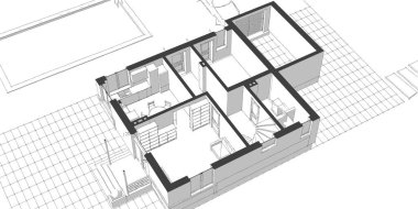 Modern ev mimari projesi çizimi 3D illüstrasyon