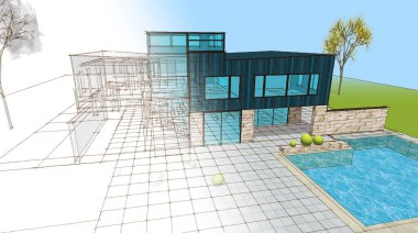 ev mimarisi çizimi 3d illüstrasyon