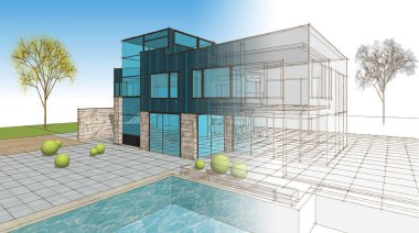 ev mimarisi çizimi 3d illüstrasyon