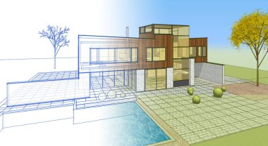 modern küçük mimari çizimi 3d illüstrasyon