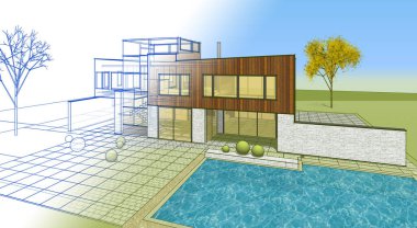 modern küçük mimari çizimi 3d illüstrasyon