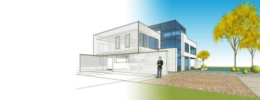 modern küçük mimari çizimi 3d illüstrasyon