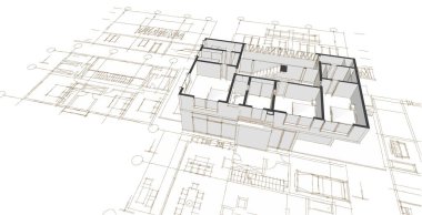 Modern ev mimari projesi çizimi 3D illüstrasyon