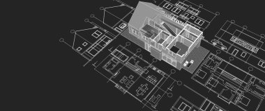 Modern ev mimari projesi çizimi 3D illüstrasyon