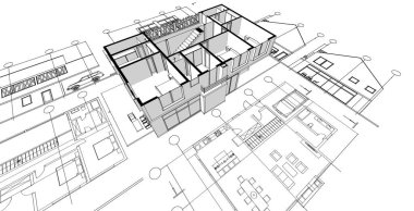 Modern ev mimari projesi çizimi 3D illüstrasyon