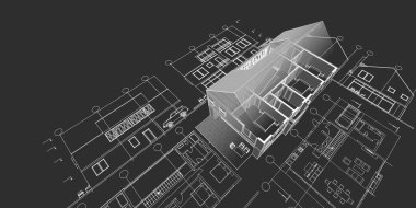 Modern ev mimari projesi çizimi 3D illüstrasyon