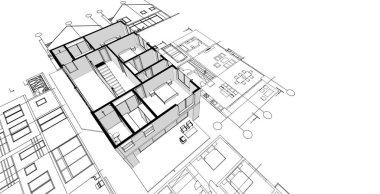 Modern ev mimari projesi çizimi 3D illüstrasyon