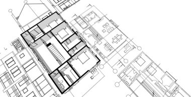 Modern ev mimari projesi çizimi 3D illüstrasyon