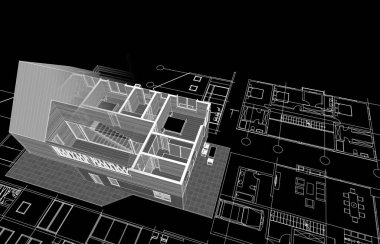 Modern ev mimari projesi çizimi 3D illüstrasyon