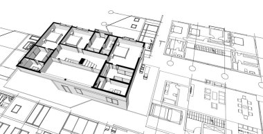 Modern ev mimari projesi çizimi 3D illüstrasyon