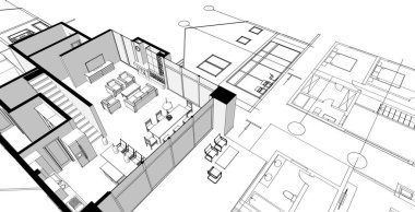 Modern ev mimari projesi çizimi 3D illüstrasyon