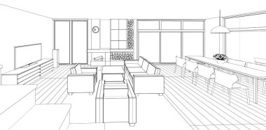 İç mutfak oturma odası 3D görüntü