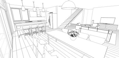 İç mutfak oturma odası 3D görüntü