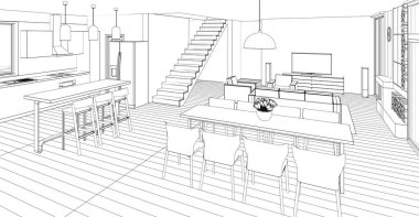 İç mutfak oturma odası 3D görüntü