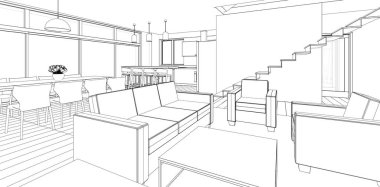 Modern ev mimari projesi çizimi 3D illüstrasyon