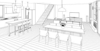 Modern ev mimari projesi çizimi 3D illüstrasyon