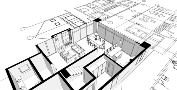 modern house architectural project sketch 3d illustration