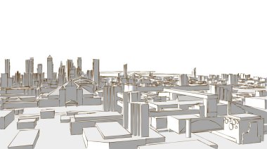 Modern mimari şehir panoraması 3D illüstrasyon