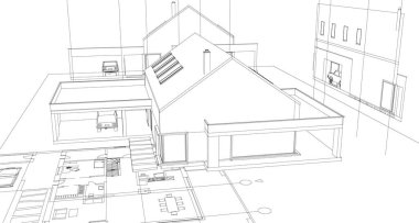 Modern ev çizimi 3d illüstrasyon