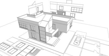 Modern ev çizimi 3d illüstrasyon