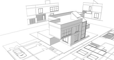 Modern ev çizimi 3d illüstrasyon