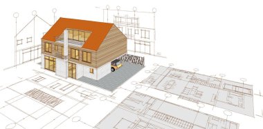 Modern ev çizimi 3d illüstrasyon