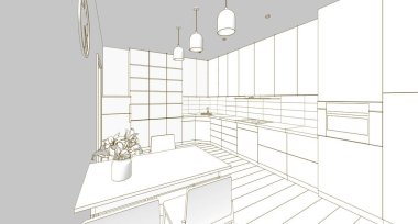 İç mutfak oturma odası 3D görüntü