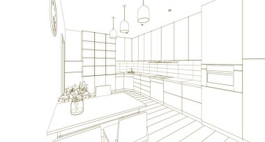 İç mutfak oturma odası 3D görüntü