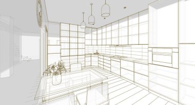 İç mutfak oturma odası 3D görüntü