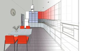 İç mutfak oturma odası 3D görüntü