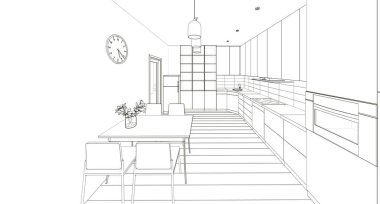 İç mutfak oturma odası 3D görüntü