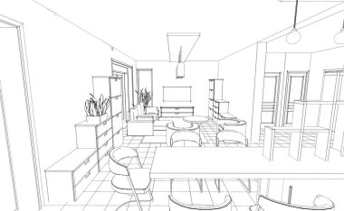 İç mutfak oturma odası 3D görüntü