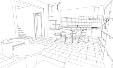 İç mutfak oturma odası 3D görüntü