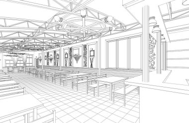 İç mutfak oturma odası 3D görüntü