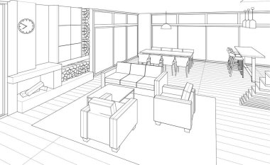 İç mutfak oturma odası 3D görüntü