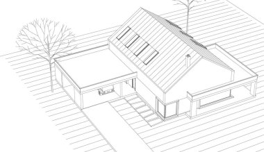 Modern ev çizimi 3d illüstrasyon