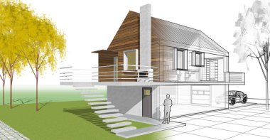 ev mimarisi projesi çizimi 3d illüstrasyon