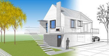 ev mimarisi projesi çizimi 3d illüstrasyon