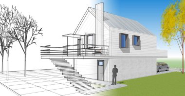 ev mimarisi projesi çizimi 3d illüstrasyon