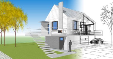 ev mimarisi projesi çizimi 3d illüstrasyon