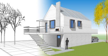 ev mimarisi projesi çizimi 3d illüstrasyon