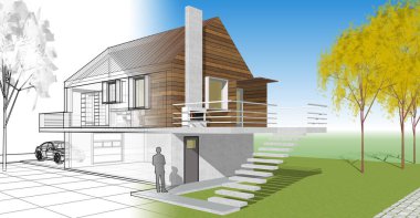 ev mimarisi projesi çizimi 3d illüstrasyon