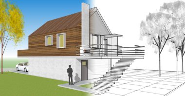 ev mimarisi projesi çizimi 3d illüstrasyon