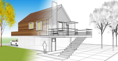 ev mimarisi projesi çizimi 3d illüstrasyon