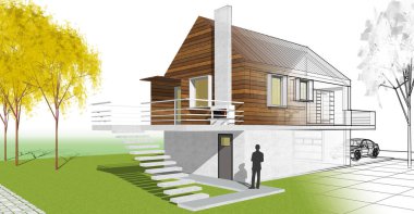ev mimarisi projesi çizimi 3d illüstrasyon
